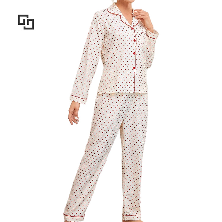 Confetti Heart Print Contrast Beige Piping Long Sleeve Pajama Set