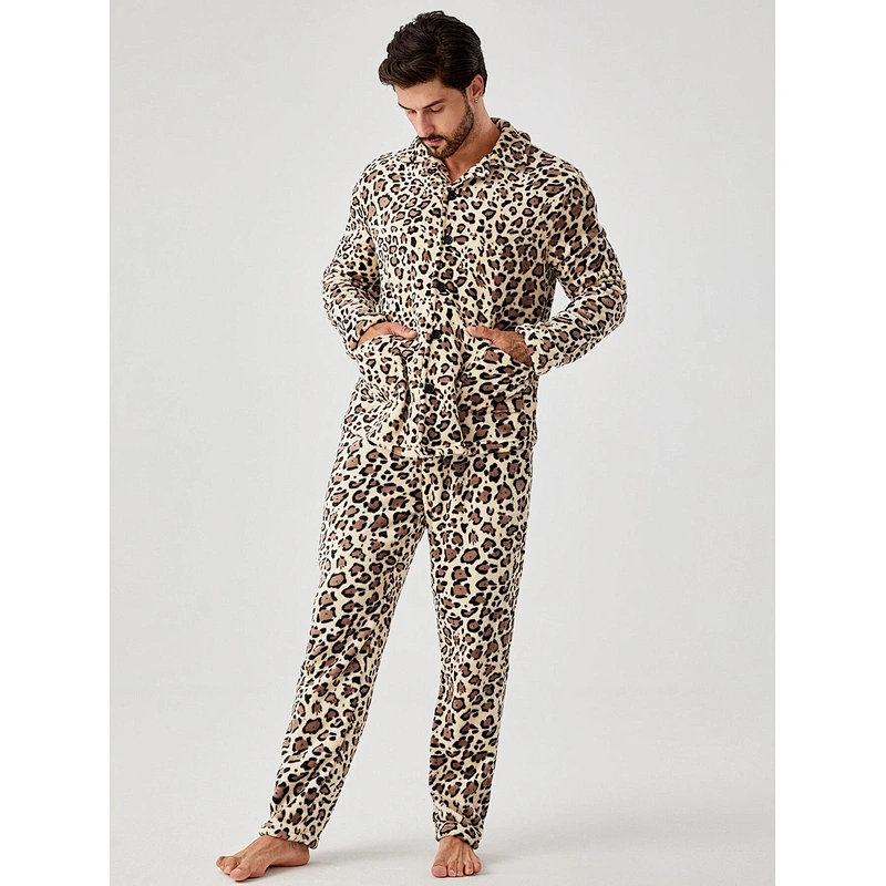 Men Leopard Print PJ Set Turkish Pajamas for Winter Adult Sleep Wear