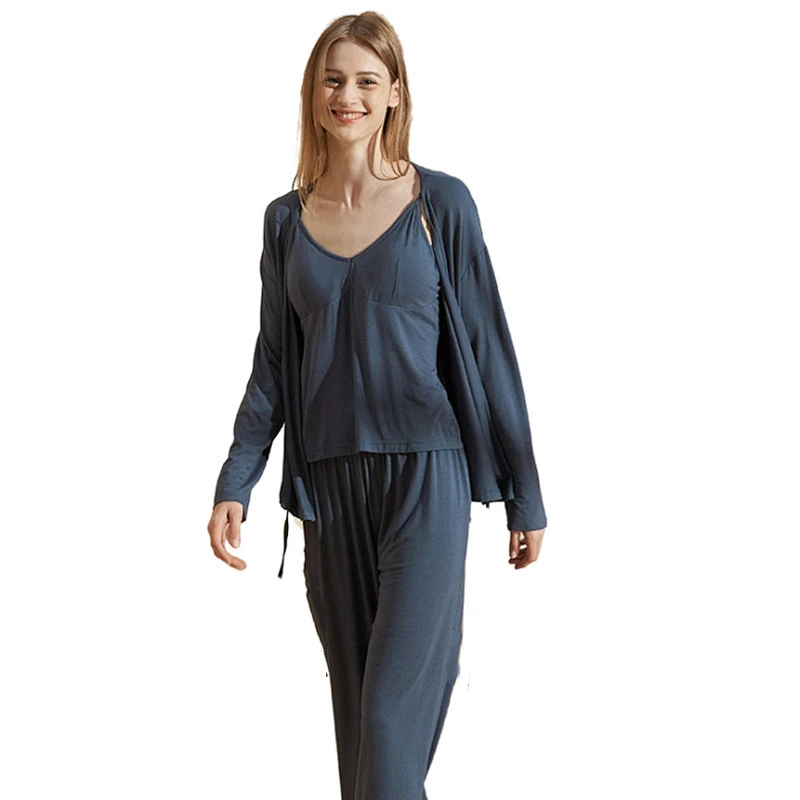 3 Pieces Solid Cami Top With Pajama Pants Bamboo Lounge Wear Sets Designer Women Cotton Pj Set