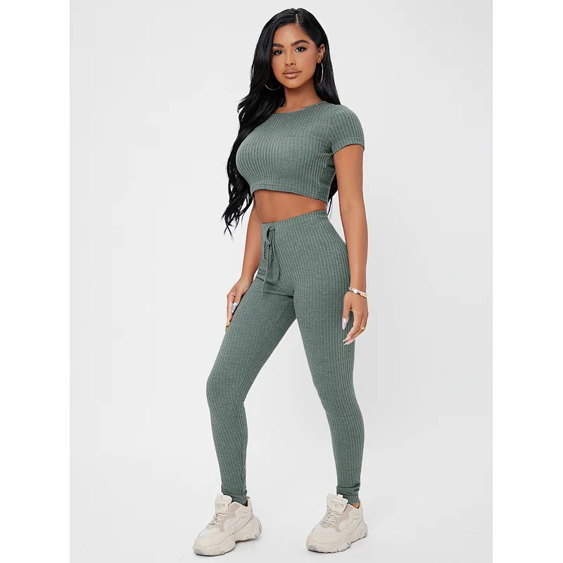 Waffle Knit Crop Tee & Tie Waist Leggings Set Custom Woman Lounge Wear Sets