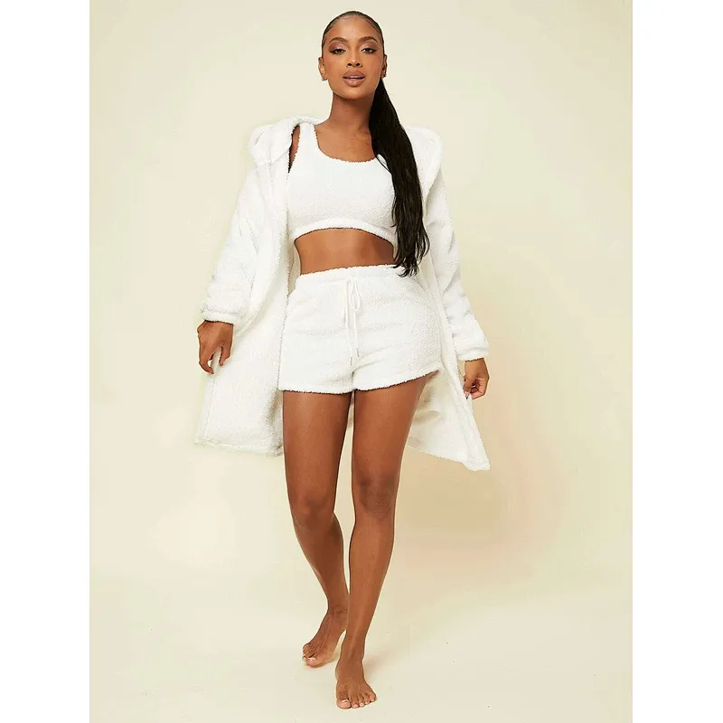 Crop Flannel Tank Top & Shorts And Hooded Robe Loungewear Set Custom Lounge Wear