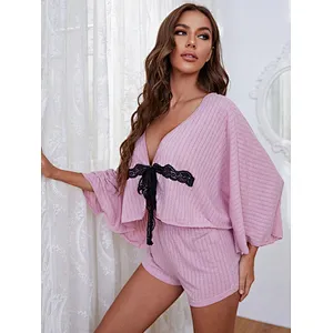 Cute Deep V Neck 2 Piece Loungewear Contrast Lace Tie Front Wholesale Cotton Pajamas