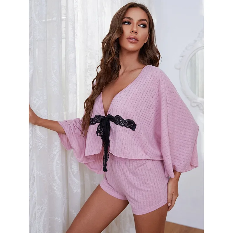 Cute Deep V Neck 2 Piece Loungewear Contrast Lace Tie Front Wholesale Cotton Pajamas