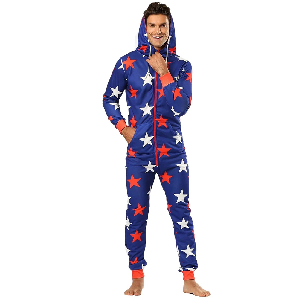 2022 Autumn Winter Men Star Print Drawstring Hooded Pajama Jumpsuit for Adult Men Onesie