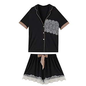 Wholesale Solid Lace Embroidery Pyjamas Sleepwear Short Classic Pajama Set Cotton Pijamas