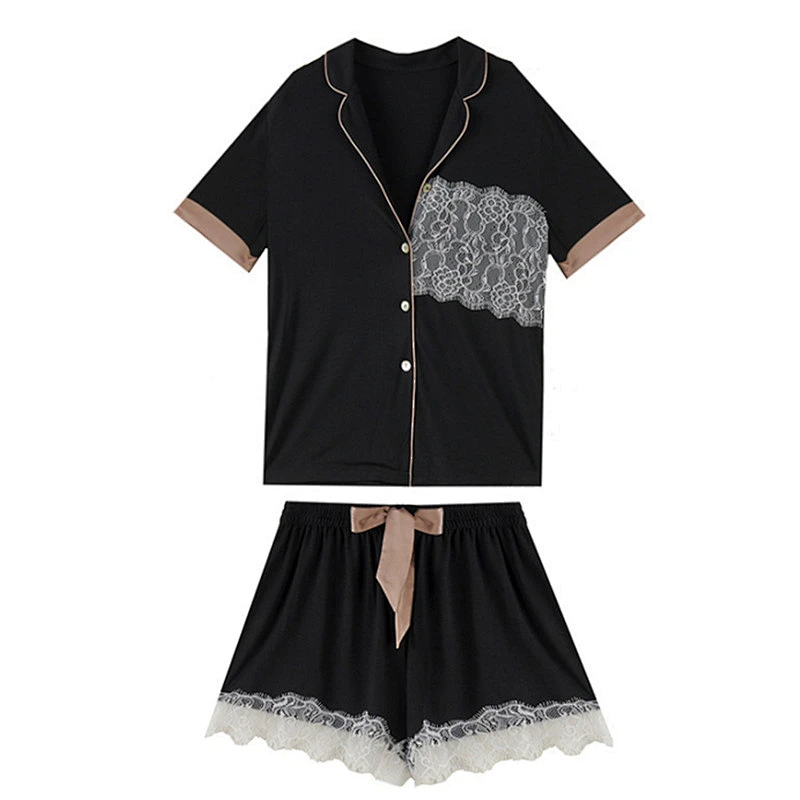 Wholesale Solid Lace Embroidery Pyjamas Sleepwear Short Classic Pajama Set Cotton Pijamas