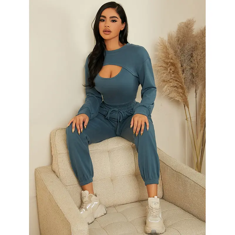 3pcs Casual Lounge Wear Custom Sweatsuit Scoop Neck Tank Top & Super Crop Pullover & Pants Loungewear Set