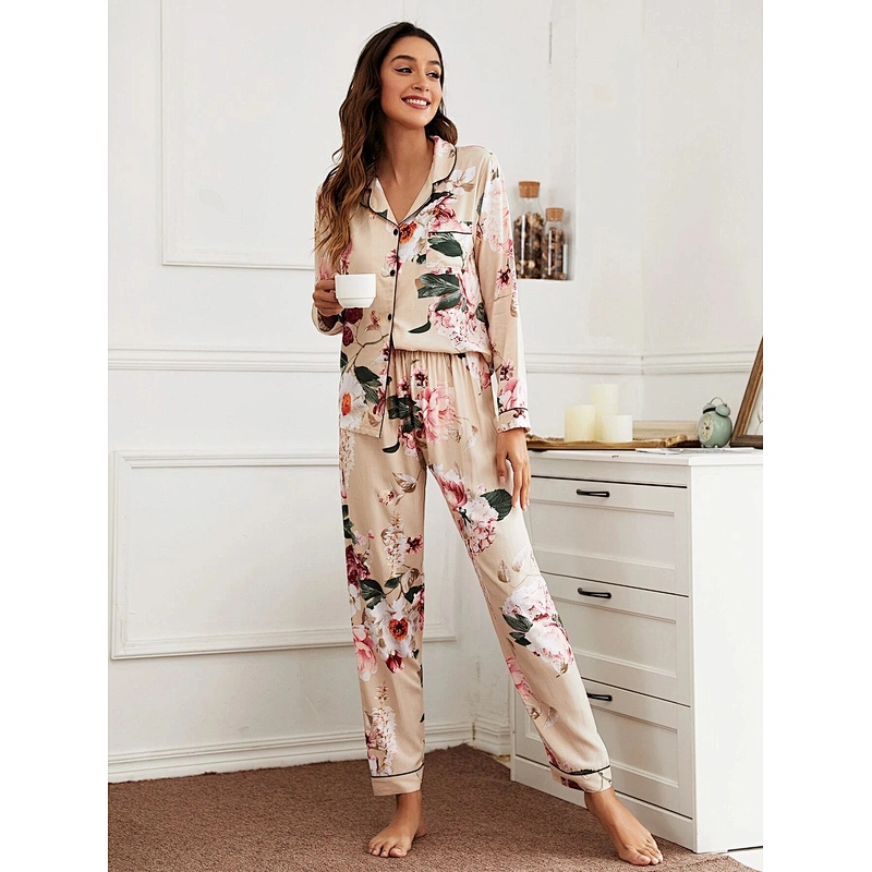 Floral Lapel Collar Pajama Bamboo Jammies Set Wholesale OEM ODM Pyjamas