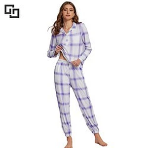 2022 Custom Plaid Print Top Pants PJ Set Winter Homewear For Adults Women Cotton Pajama Set