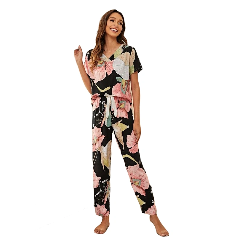 Floral V Neck Fall Lounge Wear Drawstring Women Sleepwear Pajamas Knit Cotton Femme Pyjamas