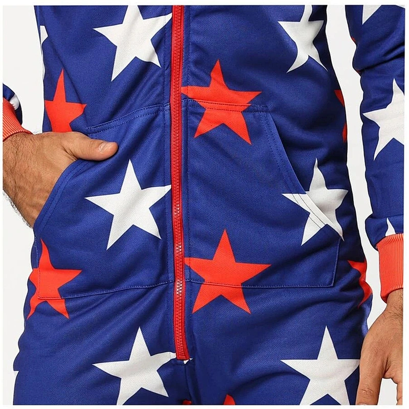 2022 Autumn Winter Men Star Print Drawstring Hooded Pajama Jumpsuit for Adult Men Onesie