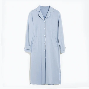 Ladies Spring Autumn Pyjama Medium Length 100% Cotton Night Dress Long Sleeves Solid Color Lapels Pajamas