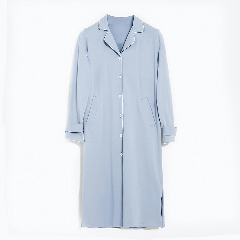 Ladies Spring Autumn Pyjama Medium Length 100% Cotton Night Dress Long Sleeves Solid Color Lapels Pajamas