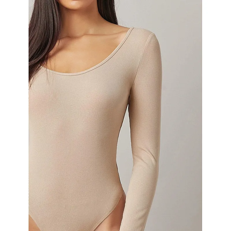 Rib-Knit Skinny Casual Bodysuits for Women Form Fitted Solid Long Sleeve Bodysuit