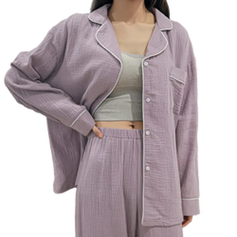 Solid Organic Cotton Pajamas Women Purple Long Set Pyjamas Contrast Binding Sleepwear Pajama Set Cotton