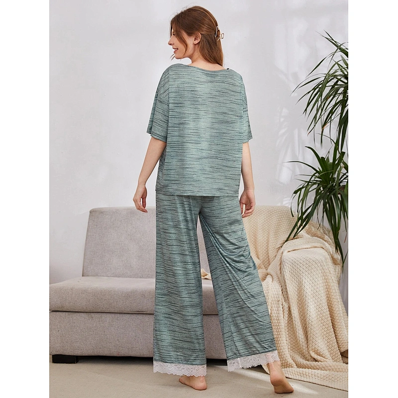 Short Sleeve Drop Shoulder Bamboo Viscose Sleepwear Set Tee & Lace Trim Pants Women Pajamas