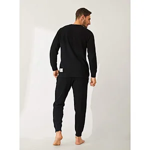Mens Plush Fleece Sleepwear Warm Cozy Long Sleeve Top Bottom Nightwear Big and Tall Pajama Set
