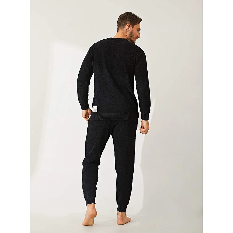 Mens Plush Fleece Sleepwear Warm Cozy Long Sleeve Top Bottom Nightwear Big and Tall Pajama Set