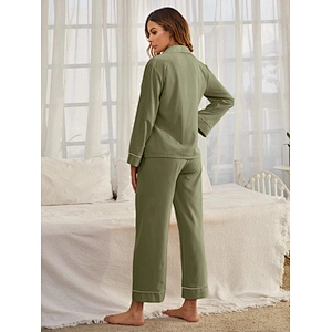 2022 NEW Custom Spring Long Sleep Wear Set Contrast Binding Button Through  Bamboo Pajamas