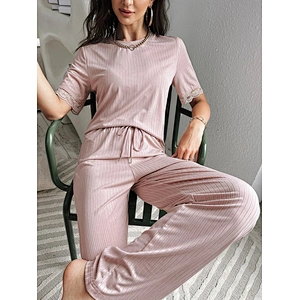 Pajamas Shorts Sets Pink Bamboo Viscose Women Sleepwear Contrast Lace Tee & Pants Bamboo Viscose Pajamas Women