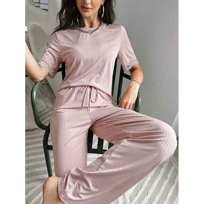 Pajamas Shorts Sets Pink Bamboo Viscose Women Sleepwear Contrast Lace Tee & Pants Bamboo Viscose Pajamas Women
