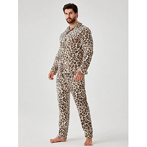 Men Leopard Print PJ Set Turkish Pajamas for Winter Adult Sleep Wear