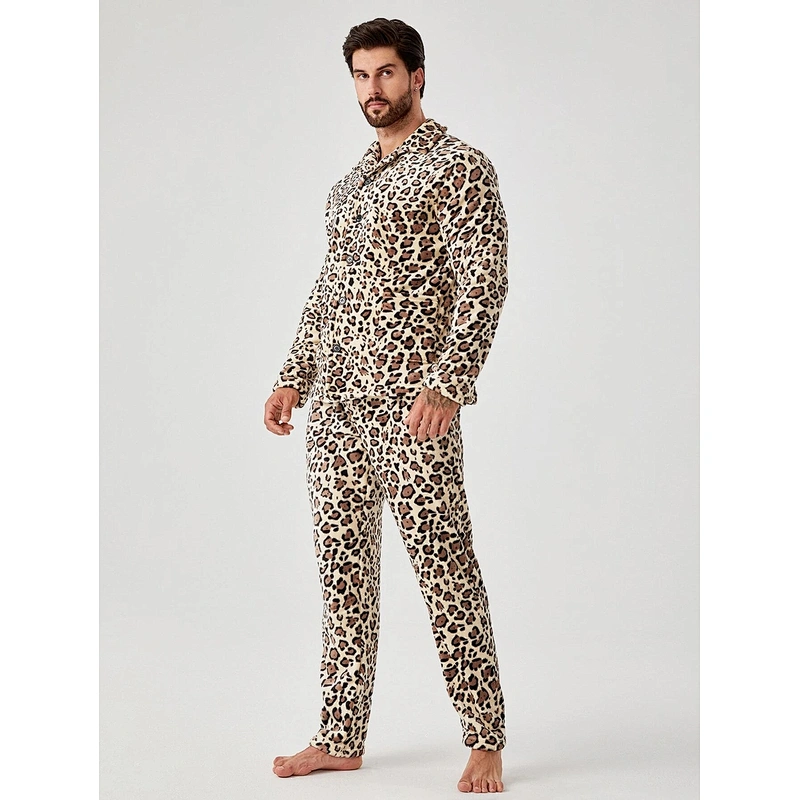 Men Leopard Print PJ Set Turkish Pajamas for Winter Adult Sleep Wear