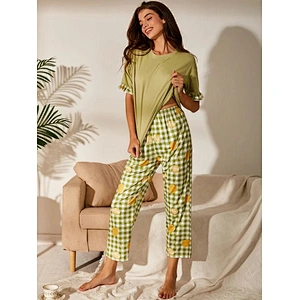 Designer Gingham & Durian Green Print Pajama 2 Pieces Matching Pant Knit Cotton Ruffle Lounge Sets