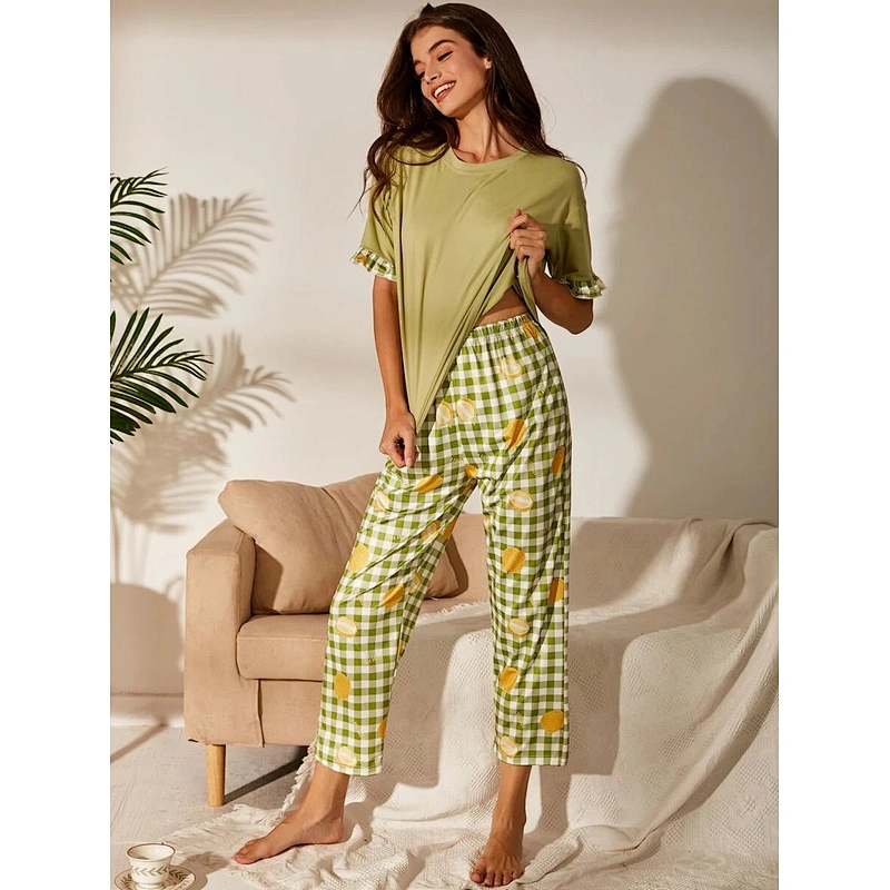 Designer Gingham & Durian Green Print Pajama 2 Pieces Matching Pant Knit Cotton Ruffle Lounge Sets
