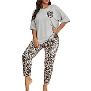 Wholesale Round Neck Short Sleeve Loungewear Leopard Print PJ Set for Women Plus Size Pajamas