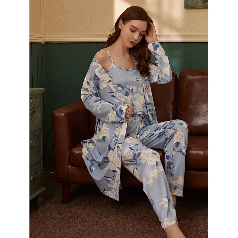 3pcs Floral Print Loungewear Cami Top and Pants Belted Robe Set Women Custom Viscose from Bamboo Pajamas