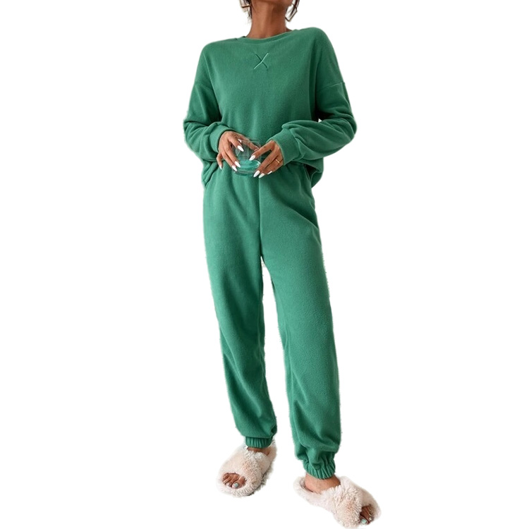 2022 New Arrival Two Pieces Letter Embroidery Drop Shoulder Flannel Sweatshirt & Pants Lounge Set