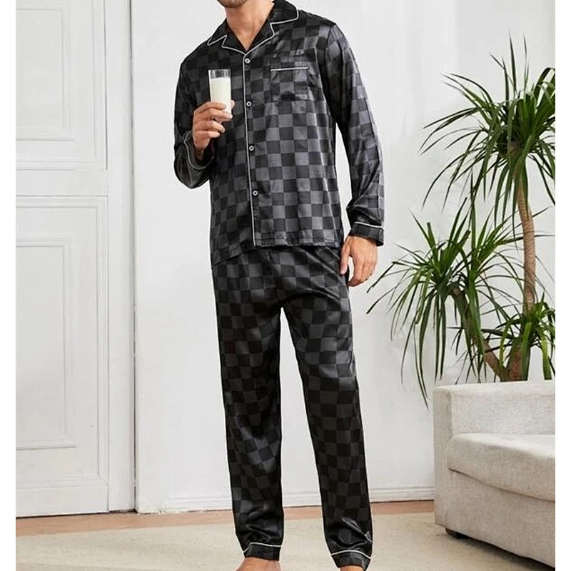 Long Pajama Sets Men Satin Pajamas Checker Print Nightwear Pajamas Men