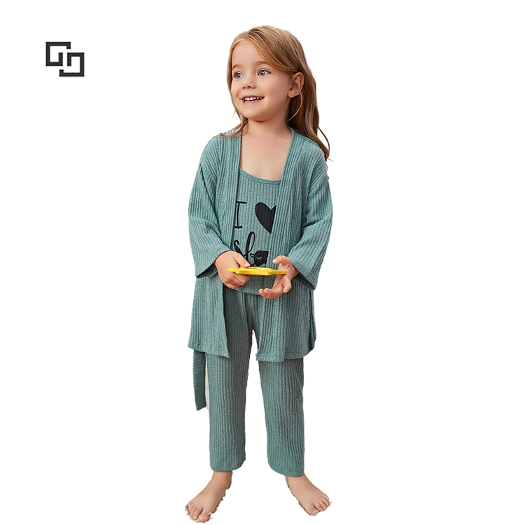 Kids Girls 3pcs Pijamas Sleepwear Slogan Graphic Belted PJ Set Cotton Children Clothes Pajama Set