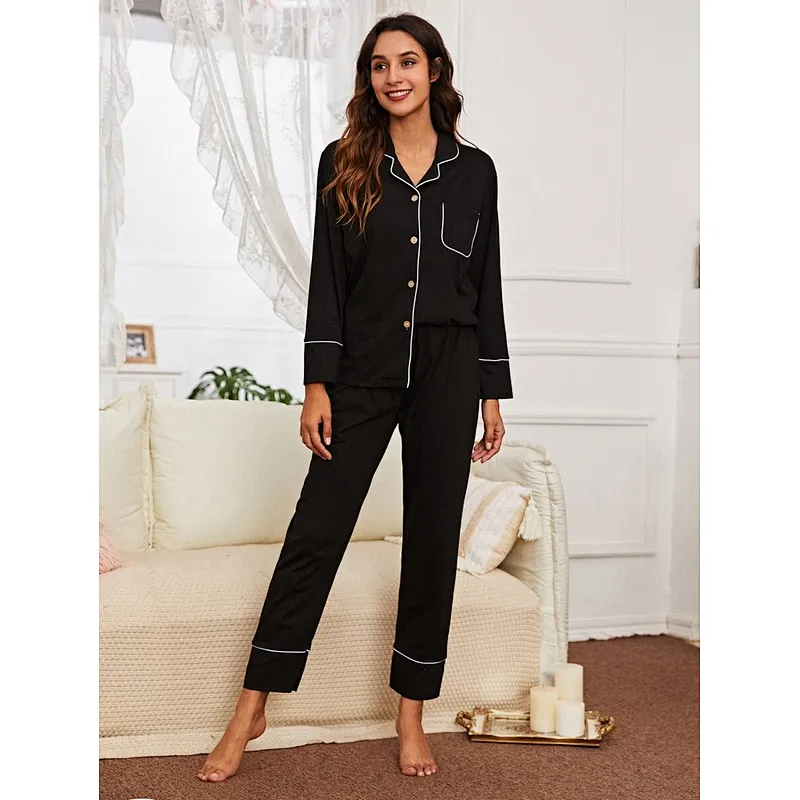 Lapel Collar Button Front Contrast Binding Pajama Set  Woman Pajamass