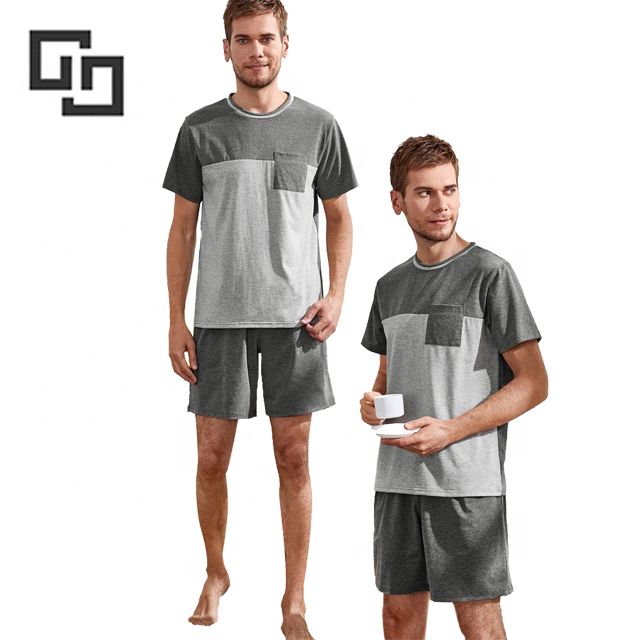 Patchwork Patch Pocket Sleepwear Men'S Cotton Short Pajamas Set Pyjamas