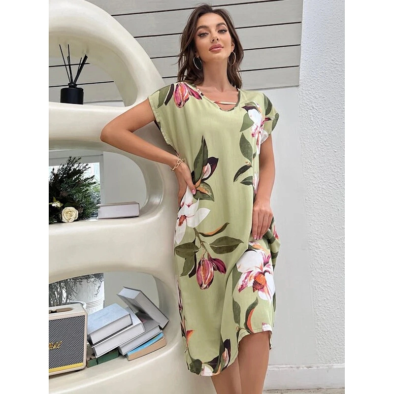 New Custom Breathable Women's Nightgown Floral Print V-cut Dolman Sleeve Nightdress