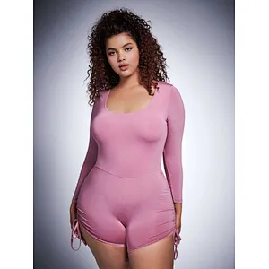 Scoop Neck Plus Size Jumpsuits Skinny Bodysuit Plus Drawstring Side Unitard Womens Romper