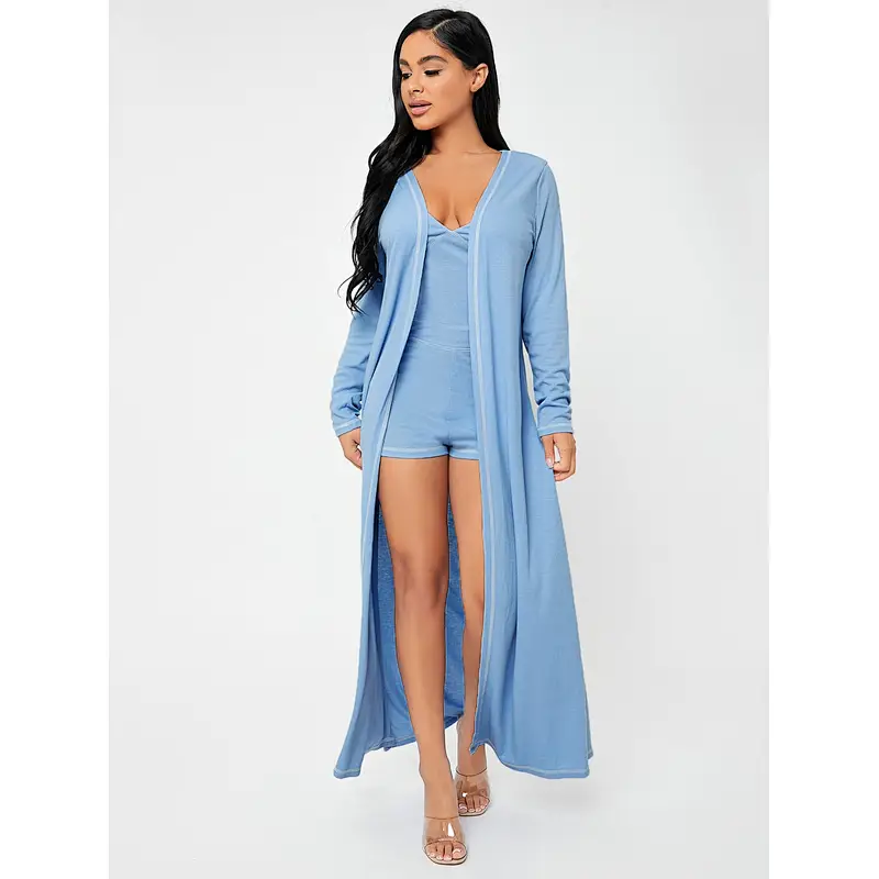 Rib-Knit Adult Onesie Top-stitching Longline Coat & Cami Romper Robe Set 2pc Pj Sets for Women