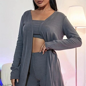 Custom New Arrival Spring Women Sleepwear Solid Tank Top and Pants PJ Set With Coat Lounge Wear Set