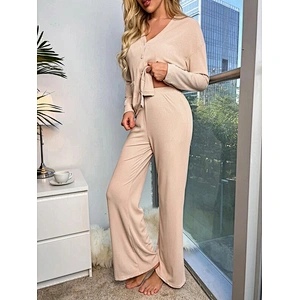 Rib Knit Custom Loungewear Patched Pocket Drop Shoulder Lounge Wear Sets Women