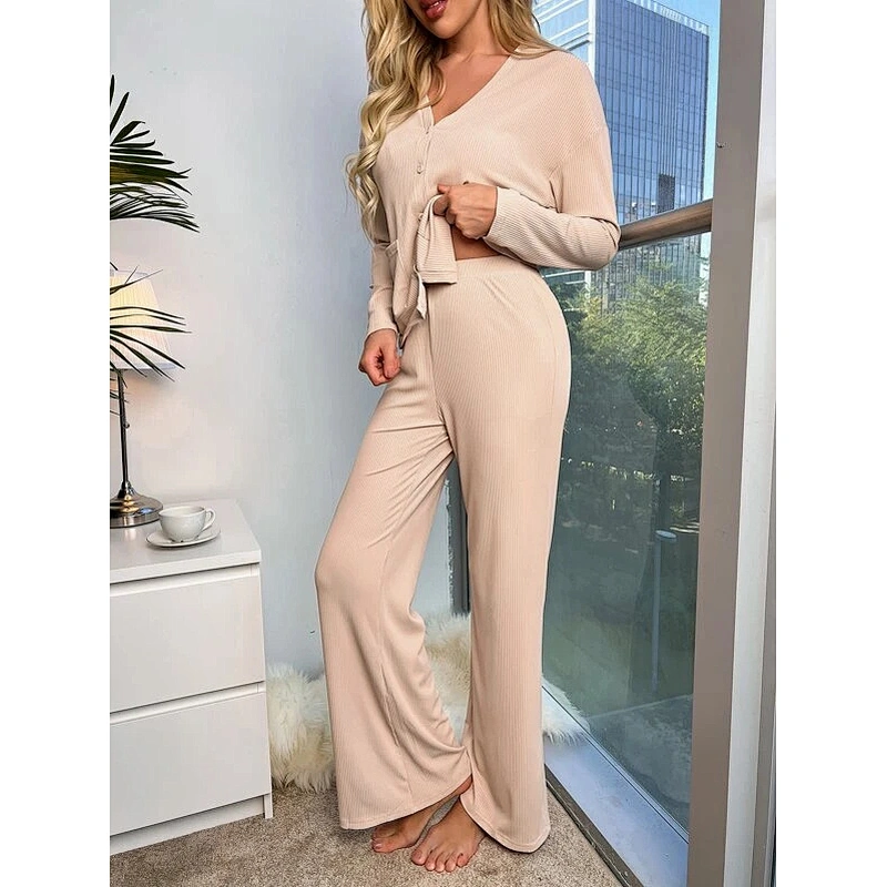 Rib Knit Custom Loungewear Patched Pocket Drop Shoulder Lounge Wear Sets Women