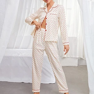 Confetti Heart Print Contrast Beige Piping Long Sleeve Pajama Set