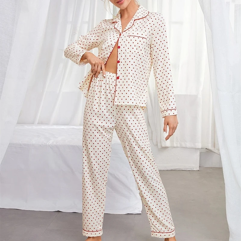 Confetti Heart Print Contrast Beige Piping Long Sleeve Pajama Set