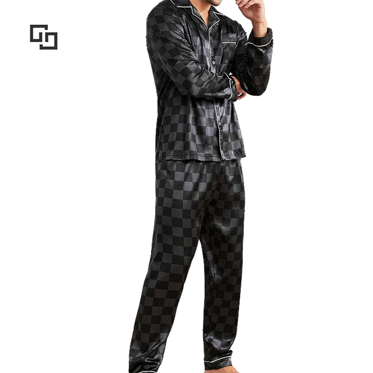 Long Pajama Sets Men Satin Pajamas Checker Print Nightwear Pajamas Men