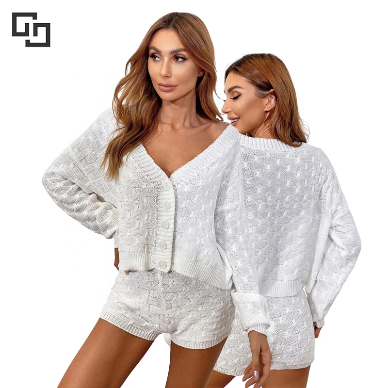 Drop Shoulder Cardigan & Knit Shorts Cotton Winter Wear Piyama Women