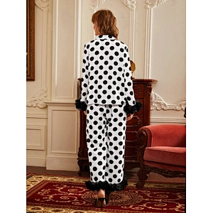2022 Women Two Pieces Sleepwear Mesh Cuff Polka Dot Blouse and Pants Luxury New Design Pajamas