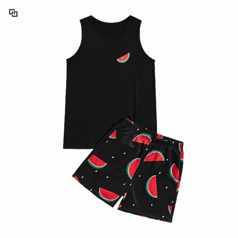 Factory supply 2 pieces knit printed100% cotton ribbed Pajamas private lable men watermelon print tank top shorts pajama set