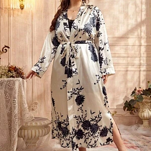 Satin Robes Women Long Beige Sleep Dresses for Women Plus Satin Floral Belted Night Gowns for Ladies