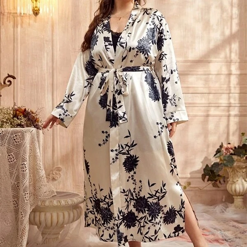 Satin Robes Women Long Beige Sleep Dresses for Women Plus Satin Floral Belted Night Gowns for Ladies